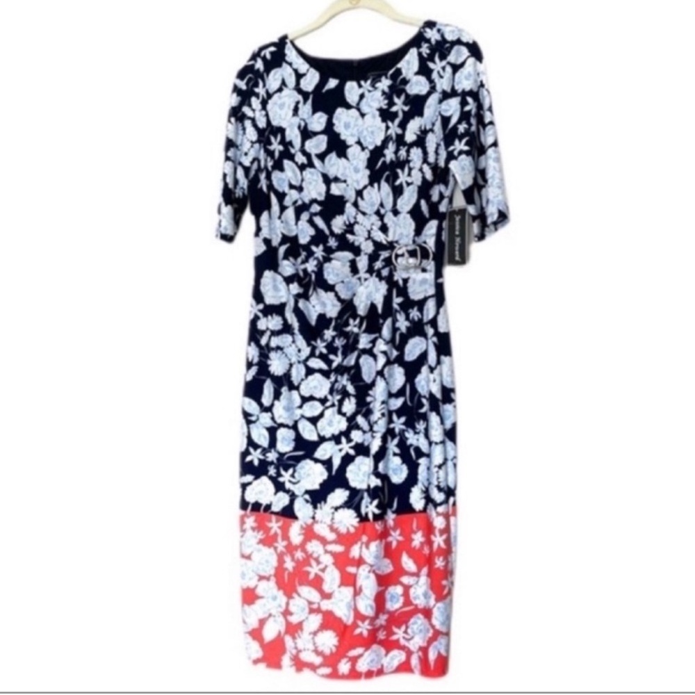NEW Jessica Howard Elbow Sleeve Dress Floral Contrast Hem Navy Blue Size 6